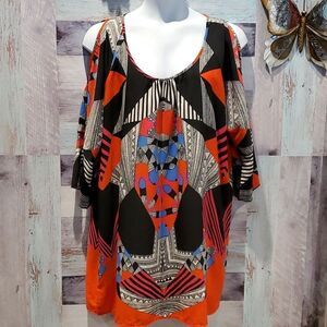 Multi-Color Print Cold Shoulder Blouse Dress Sz 1X  Gibson Latimer Plus Size